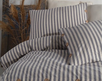 Juego de funda nórdica de algodón a rayas, juego de funda nórdica lavada con hilo teñido 100 % algodón, juego de cama de algodón azul suave, juego de cama de algodón azul acogedor