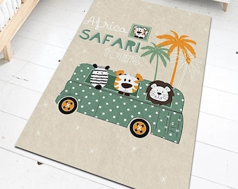 Safari Carpet, Animal Nursery Carpet, Animal Play Mat,Jungle Theme Nursery Rug,Toddler Area Rugs,Gift Rectangle Rug, Gift Animal Themed  Rug