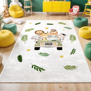 Safari Nursery Carpet with Car, Safari Animal Lion Giraffe Kids Rug, Toddler Rug, Non Slip Activity Rug, Washable Kids Rug, Baby Room Decor