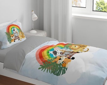 Regenbogen Safari Bettwäsche-Set, Kinderbettwäsche-Set, Geburtstagsgeschenk, Schlafzimmerdekor, Tröster, Bettbezug zweiteiliges Set, Tierbettwäsche-Set