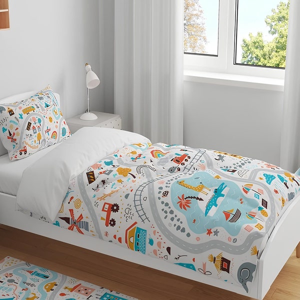 Train Bedding Set,Train Ride Bedding Set, Track Explorer Bedding Set, Whistle Stop Bedding Set,Railroad Dreams Kids Bedding Set