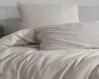 Beige and Brown Stripe Cotton Bedding Set, Classic Stripes Bedding Set, Washed Cotton Bedding Set, Modern Striped Comforter and Sheet Set