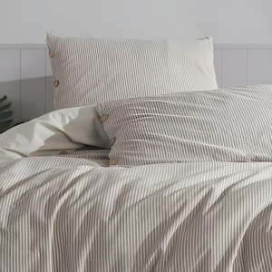 Beige and Brown Stripe Cotton Bedding Set, Classic Stripes Bedding Set, Washed Cotton Bedding Set, Modern Striped Comforter and Sheet Set