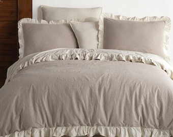 Beige and Brown Striped Ruffle Duvet Cover Set,Rustic style cotton bedding with double ruffles,Cotton Duvet Cover Set,Cotton Duvet Cover Set