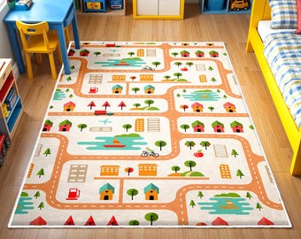 Alfombra infantil City, alfombra de juegos con diseño de carretera, alfombra infantil ultra suave para guardería, alfombra infantil con diseño de carretera, coche de juguete Road Runner, alfombra infantil City