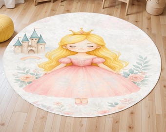 Tapis rond de chambre d'enfant Princess Castle, tapis de chambre de bébé Castle, tapis lavable pour chambre d'enfant, tapis de jeu, tapis rond imprimé antidérapant pour chambre de fille