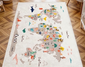 World Map with Animals Rugs, Nursery Rug, Kids Area Rug, Kids Room Rug, Printed Rug, Playroom Floor Rug, Washable Non Slip Soft Rug