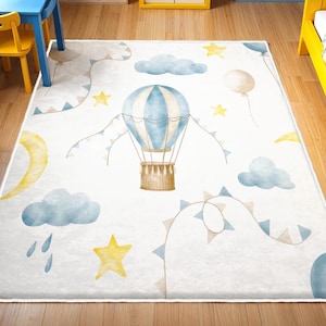 Hot Air Balloon Kids Rug, Nursery Rug, Kids Area Rug, Washable Non Slip Soft Rug, Play Rug, Toddler Boys Rug, Blue Hot Air Balloon Baby Rug