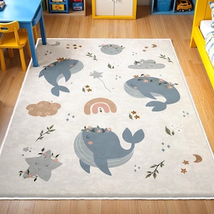 Playful Fish Nursery Rug, Round Ocean Animals Rug Under the Sea Theme, Anti Slip Mat for Kid&#39;s Room, Whale Adventure Newborn Rug,Toddler Rug
