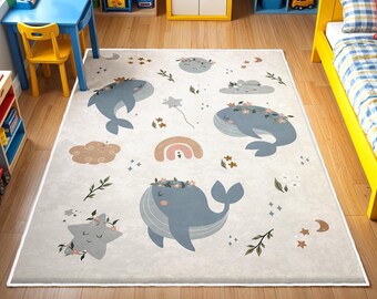 Playful Fish Nursery Rug, Round Ocean Animals Rug Under the Sea Theme, Anti Slip Mat for Kid's Room, Whale Adventure Newborn Rug,Toddler Rug