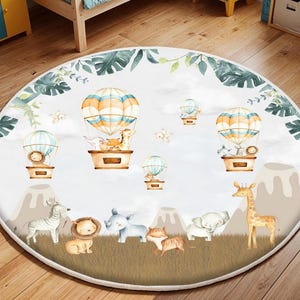 Safari-Themen-Kinderteppich, Heißluftballon-Kinderteppich, rutschfester Aktivitätsteppich, waschbarer Kinderteppich, Kinderzimmerteppich, Waldtier-Babyzimmerteppich