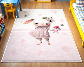 Bunny Girls Room Rug, Washable Nursery Rug, Play Mat, Rabbit Baby Carpet, Bestselling Kids Room Rug