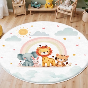 Safari Animal Rainbow Rug, Safari Nursery Rug, Toddler Area Rug,Washable Kids Rug, Rainbow Rug, Bestselling Kids Room Rug,Non Slip Floor Mat