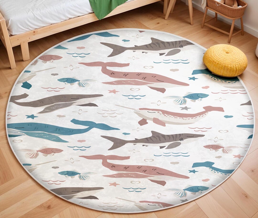 Whale Adventure Newborn Rug,playful Fish Nursery Rug, Round Ocean ...