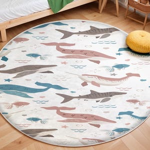 Whale Adventure Newborn Rug,Playful Fish Nursery Rug, Round Ocean Animals Rug Under the Sea Theme, Anti Slip Mat for Kid&#39;s Room, Toddler Rug