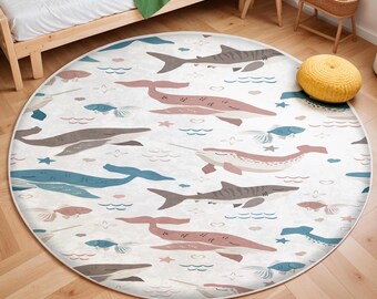 Whale Adventure Newborn Rug,Playful Fish Nursery Rug, Round Ocean Animals Rug Under the Sea Theme, Anti Slip Mat for Kid's Room, Toddler Rug