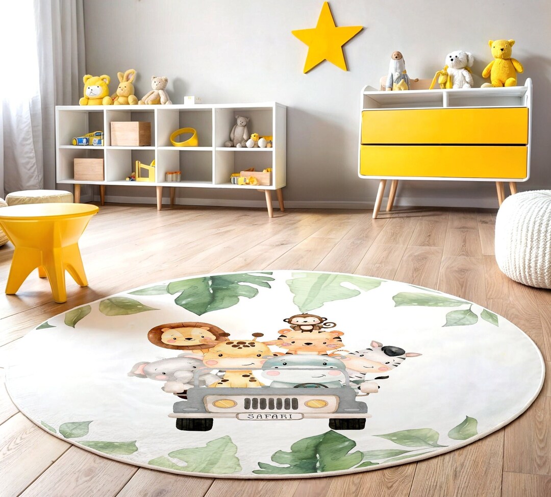 Round Animal Rug Safari Animals Kids Rug, Round Rug, Baby Shower Gift, Baby Boy Room ...