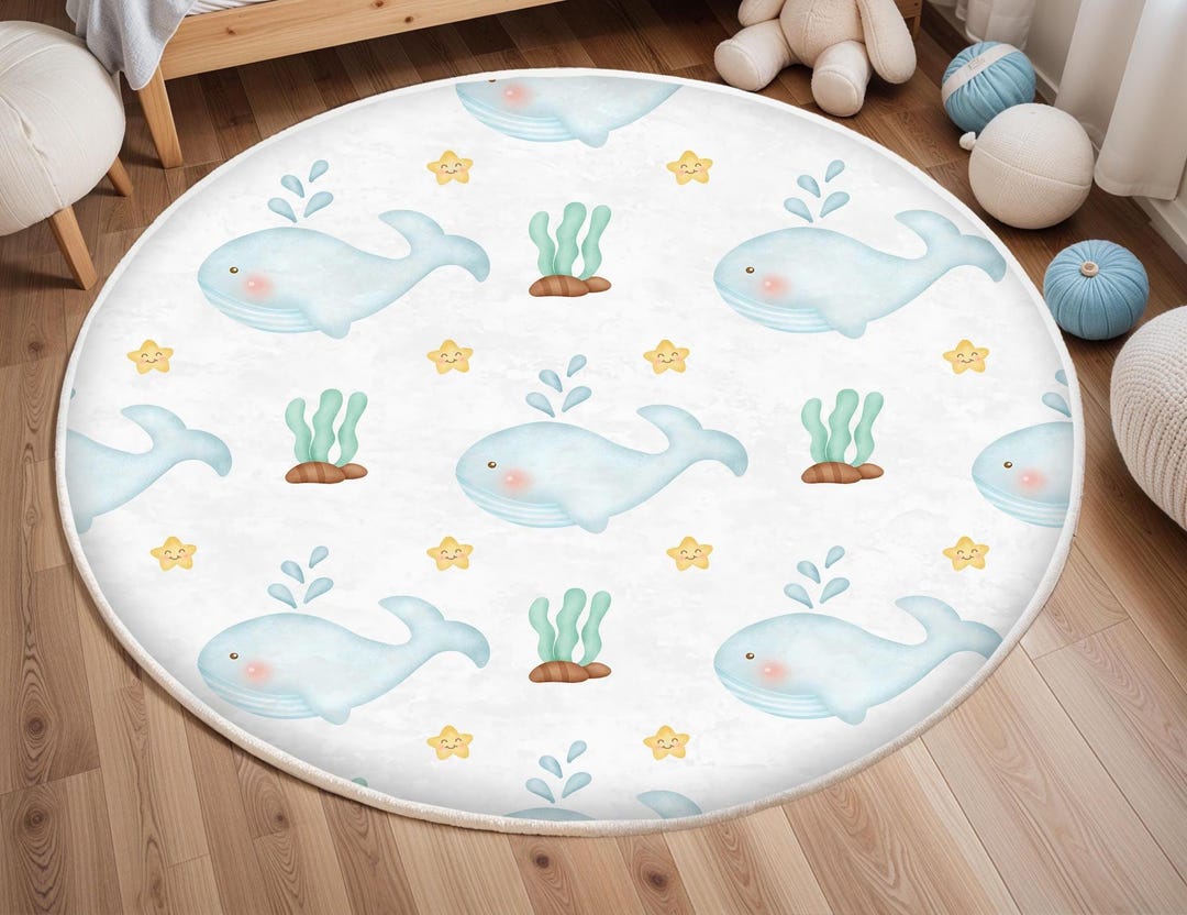 Whale Nursery Rug, Ocean Animals Kids Room Mat, Anti-slip Rug, Playful ...
