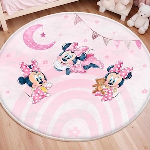 Minnie Mouse Rug, Nursery Minnie Rug, Baby Girl Playroom Mat, Washable Round Baby Rug, Non Slip Kids Rug, Mickey Mouse Rug, Playroom Mat