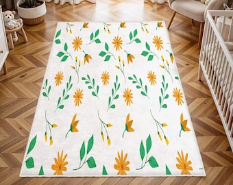 Watercolor Wild Florals Rug, Nursery Rug, Kids Area Rug, Washable Non Slip Soft Rug, Play Rug, Girls Rug, Flower Baby Room Rug