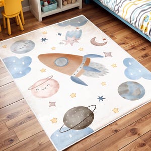 Space Themed Cute Kid&#39;s Rug, Nursery Rug, Non-slip Play Mat, Rocket Baby Room Carpet, Kids Room Decor, Bestselling Children&#39;s Carpet