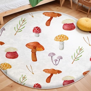 Soft Forest-Inspired Kids Play Mat - Mushrooms, Leaf Design, Washable Non Slip Soft Rug, Play Rug, Toddler Boys Rug, Ultra Soft Nursery Rug