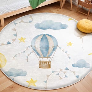 Heißluftballon Kinderteppich, Kinderteppich, Waschbar, rutschfest, Weicher Teppich, Spielteppich, Jungenteppich, Blauer Heißluftballon-Babyteppich