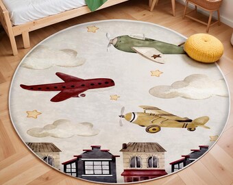 Plane Patterned Children's Carpet, Baby Boy Gift, Non Slip Activity Rug,Washable Kids Rug, Kids Playroom Mat, Boy Nursery Rug, Baby Area Rug