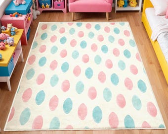 Colorful Polka Dot Washable Kids Rug, Soft Nursery Play Mat, Colorful Baby Room Carpet, Anti-Slip Washable Nursery Mat, Nursery Rug