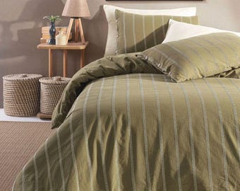 Green Striped 100% Cotton Duvet Cover, Green Striped Bedding Set Duvet Cover and Pillowcases, Stripes Comforter Set, Quilt Fastener Gift