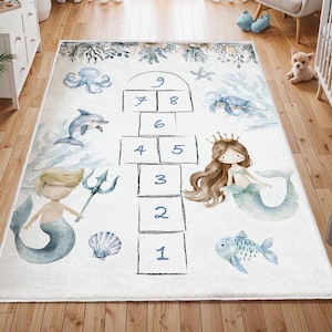 Hopscotch Ocean Kids Play Mat, Learning Number Kids Mat, Nursery Rug, Baby Fish Carpet, Baby Boys Room Decor, Castle Kids Rug, Playroom Rug