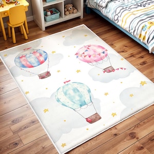 Hot Air Balloon Kids Rug, Nursery Rug, Kids Area Rug, Washable Non Slip Soft Rug, Play Rug, Toddler Boys Rug, Pink Hot Air Balloon Baby Rug