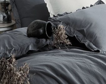 Princess Style Ruffle Bedding Set,Duvet cover with ruffle,Washed soft cotton bedding,Solid Color Cotton Duvet Cover Set,Full Duvet Cover Set