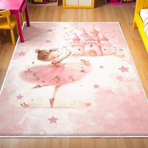 Ballerina Kids Rug, Girls Room Rug, Baby Playroom Mat, Washable Nursery Rug, Play Mat, Princess Castle Nursery Rug, Non-Slip Toddler Rug