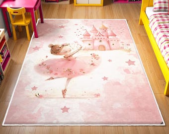 Ballerina Kids Rug, Girls Room Rug, Baby Playroom Mat, Washable Nursery Rug, Play Mat, Princess Castle Nursery Rug, Non-Slip Toddler Rug