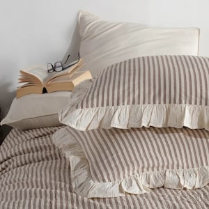 Striped Ruffle Sheets Brown 100% Cotton Ruffle Yarn Dyed Double Duvet Cover Set,modern ...