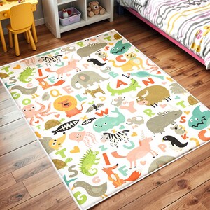 Alphabet Nursery Rug,Learn The Alphabet And Animal Carpet,Animal ABC Rug,Zoo Animal Kids Room Rug,Interactive Alphabet Play Mat,Funny Carpet