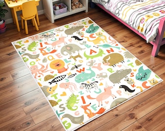 Alphabet Nursery Rug,Learn The Alphabet And Animal Carpet,Animal ABC Rug,Zoo Animal Kids Room Rug,Interactive Alphabet Play Mat,Funny Carpet
