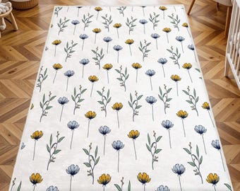 Watercolor Wild Florals Rug, Nursery Rug, Kids Area Rug, Washable Non Slip Soft Rug, Play Rug, Girls Rug, Flower Baby Room Rug
