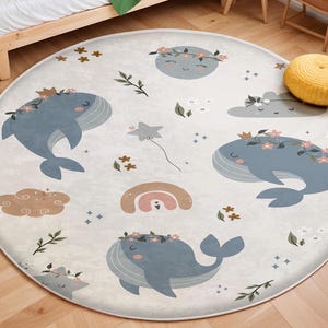 Playful Fish Nursery Rug, Round Ocean Animals Rug Under the Sea Theme, Anti Slip Mat for Kid&#39;s Room, Whale Adventure Newborn Rug,Toddler Rug