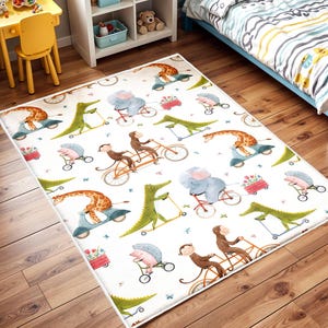 Travel to Forest Kid's Rug, Washable Non Slip Soft Rug, Cute Animals Kids Rug, Easy Clean Playroom Mat, Safari Theme Rug, Jungle Nursery Rug