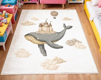 Ocean Whale Nursery Rug, Whale Adventure Newborn Rug, Playful Fish Nursery Rug, Anti Slip Mat for Kid's Room, Toddler Rug