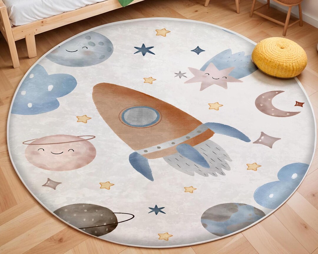 Moon Rover Play Rug Space Themed Cute Kid's Rug, Nursery Rug, Non-slip Play Mat, Rocket ...