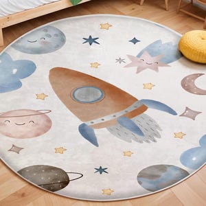 Space Themed Cute Kid&#39;s Rug, Nursery Rug, Non-slip Play Mat, Rocket Baby Room Carpet, Kids Room Decor, Bestselling Children&#39;s Carpet