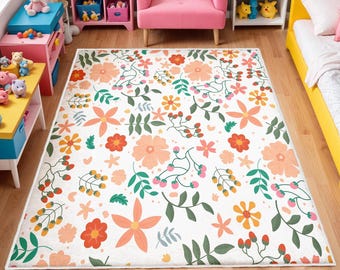 Watercolor Wild Florals Rug, Nursery Rug, Kids Area Rug, Washable Non Slip Soft Rug, Play Rug, Girls Rug, Flower Baby Room Rug