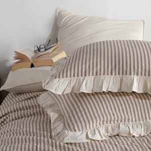 Striped Ruffled Sheets Brown 100% Cotton Ruffle Yarn Dyed Double Duvet Cover Set,modern ...