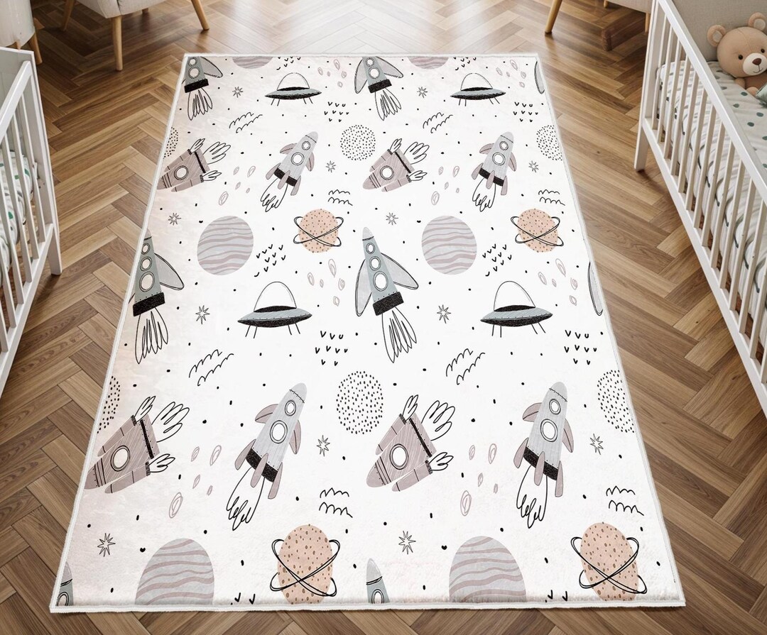 Rocket Circular Rug Space Fox Astronaut Kid's Round Rug, Galaxy Rocket Play Mat, Non Slip ...
