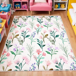 Watercolor Wild Florals Rug, Nursery Rug, Kids Area Rug, Washable Non Slip Soft Rug, Play Rug, Girls Rug, Flower Baby Room Rug