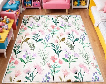 Watercolor Wild Florals Rug, Nursery Rug, Kids Area Rug, Washable Non Slip Soft Rug, Play Rug, Girls Rug, Flower Baby Room Rug