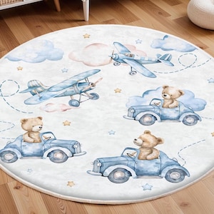 Teddybär Flugzeug gemusterter Kinderteppich, Teddybär Kinderteppich, Baby Jungen Geschenk, rutschfester Aktivitätsteppich, waschbarer Kinderteppich